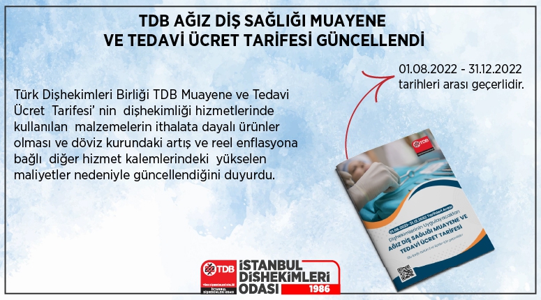 Dişhekimliği hizmetlerinde kullanılan malzemelerin ithalata dayalı ürünler olması nedeniyle döviz kurundaki artış ve reel enflasyona bağlı diğer hizmet kalemlerindeki yükselen maliyetler TDB Muayene ve Tedavi Ücret Tarifesinin güncellenmesini zaruri kılmıştır.